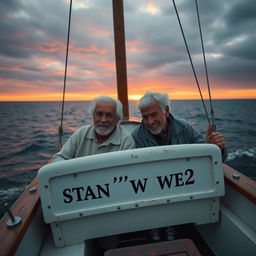 Two old men with white hair sailing in a boat called Stan ‘o’ War 2 in the deep vast ocean peacefully