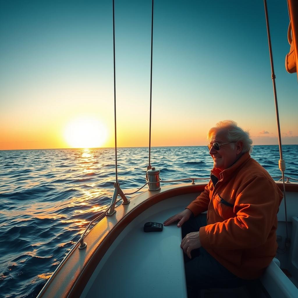 Two old men with white hair sailing in a boat called Stan ‘o’ War 2 in the deep vast ocean peacefully