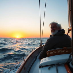 Two old men with white hair sailing in a boat called Stan ‘o’ War 2 in the deep vast ocean peacefully