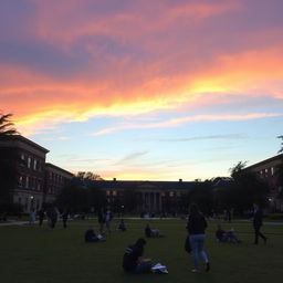 A serene evening scene on a university campus