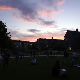 A serene evening scene on a university campus