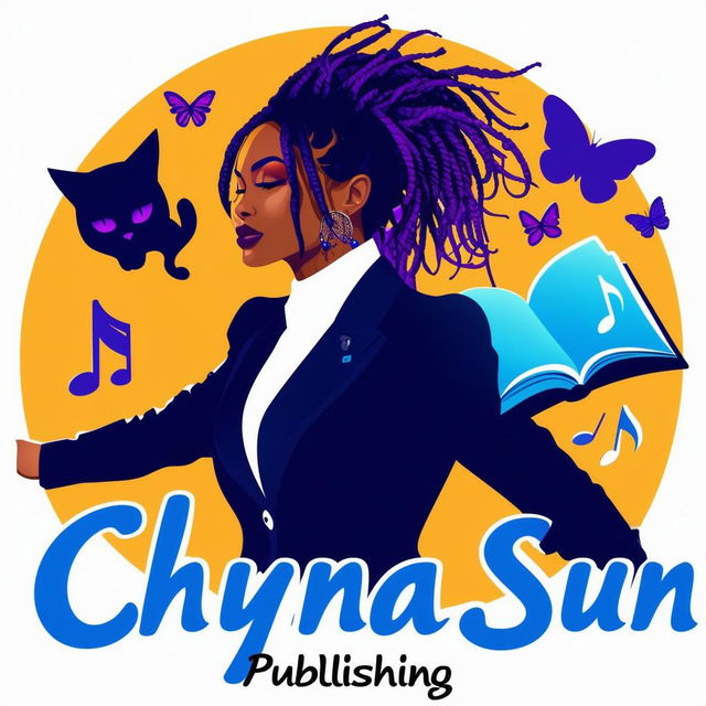 An elegant and vibrant logo for Chyna Sun Publishing featuring a woman in a business suit with short dreadlocks, music notes, butterflies, two cat silhouettes, and a book