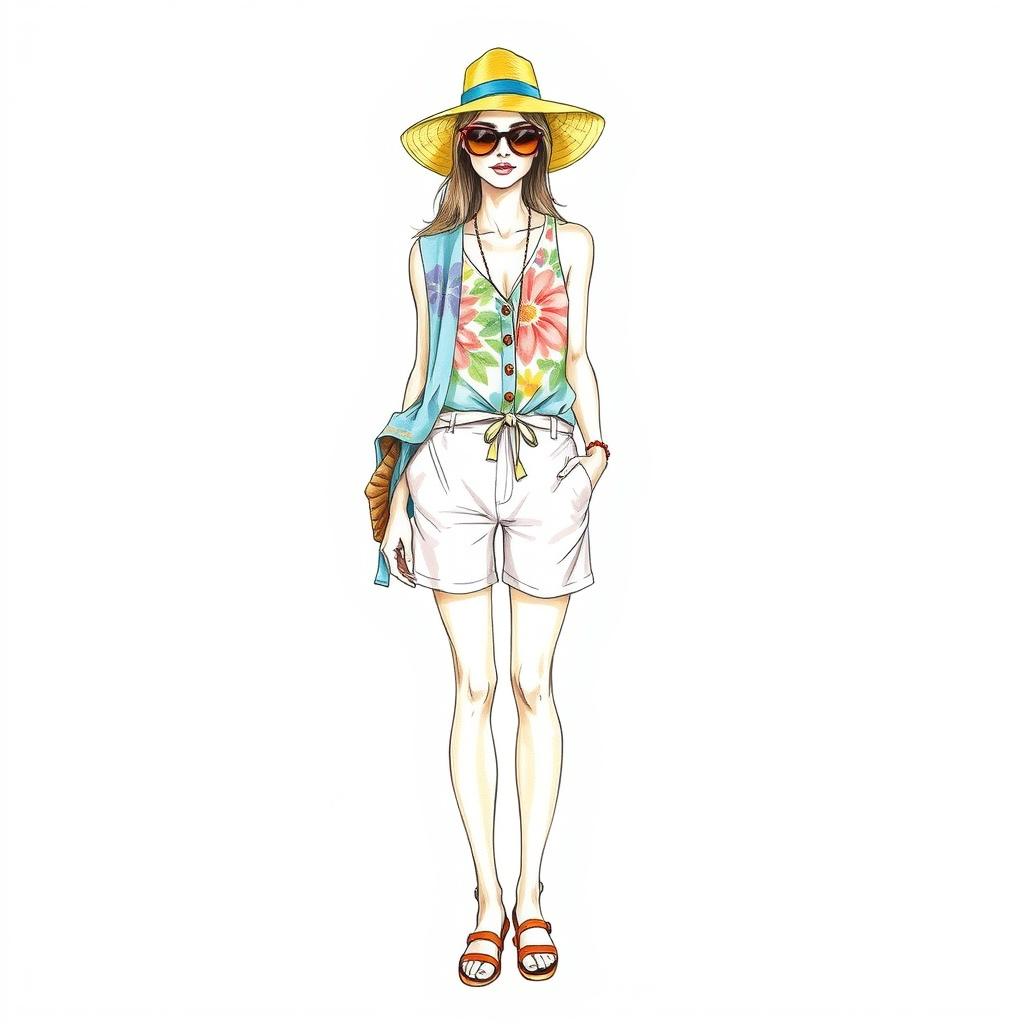 A detailed drawing of a summer wear outfit on a croquis