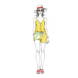 A detailed drawing of a summer wear outfit on a croquis