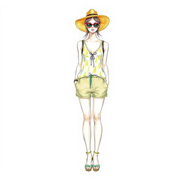 A detailed drawing of a summer wear outfit on a croquis