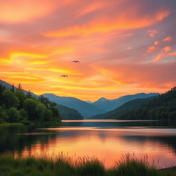 A beautiful, serene landscape showcasing a sunset over a calm lake surrounded by lush green trees and mountains in the background