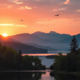 A beautiful, serene landscape showcasing a sunset over a calm lake surrounded by lush green trees and mountains in the background