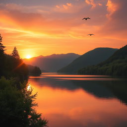 A beautiful, serene landscape showcasing a sunset over a calm lake surrounded by lush green trees and mountains in the background