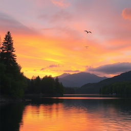 A beautiful, serene landscape showcasing a sunset over a calm lake surrounded by lush green trees and mountains in the background