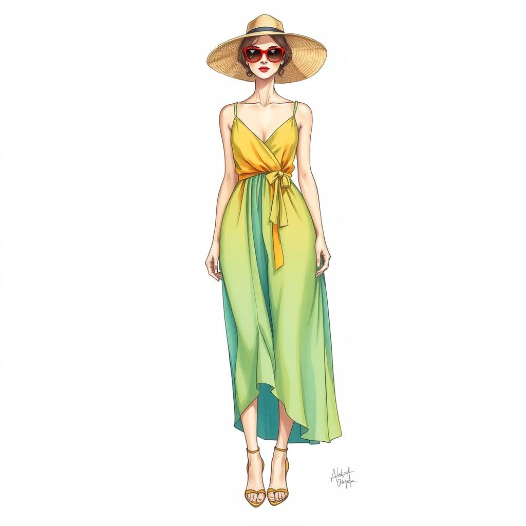 A detailed drawing of a summer wear dress on a croquis