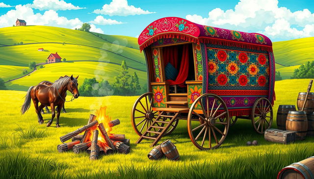 A vibrant and detailed illustration of a traditional gypsy caravan in a picturesque countryside, capturing the nomadic lifestyle with intricate patterns, bright colors, and a warm, inviting atmosphere