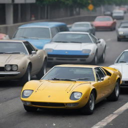 A lifelike, detailed depiction of a real Lamborghini Miura caught amidst a vividly chaotic traffic accident scene