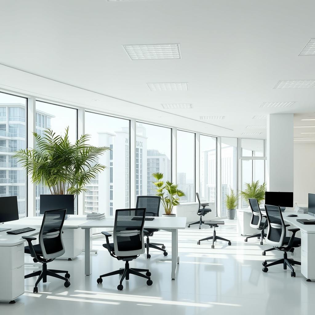 A modern office space with large windows, sleek furniture, and a clean, professional atmosphere