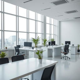 A modern office space with large windows, sleek furniture, and a clean, professional atmosphere