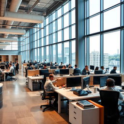 A modern office space with sleek furniture, large windows, and natural light