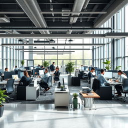 A modern office space with sleek furniture, large windows, and natural light