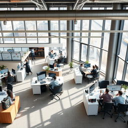 A modern office space with sleek furniture, large windows, and natural light