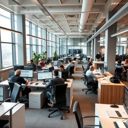 A modern office space with sleek furniture, large windows, and natural light