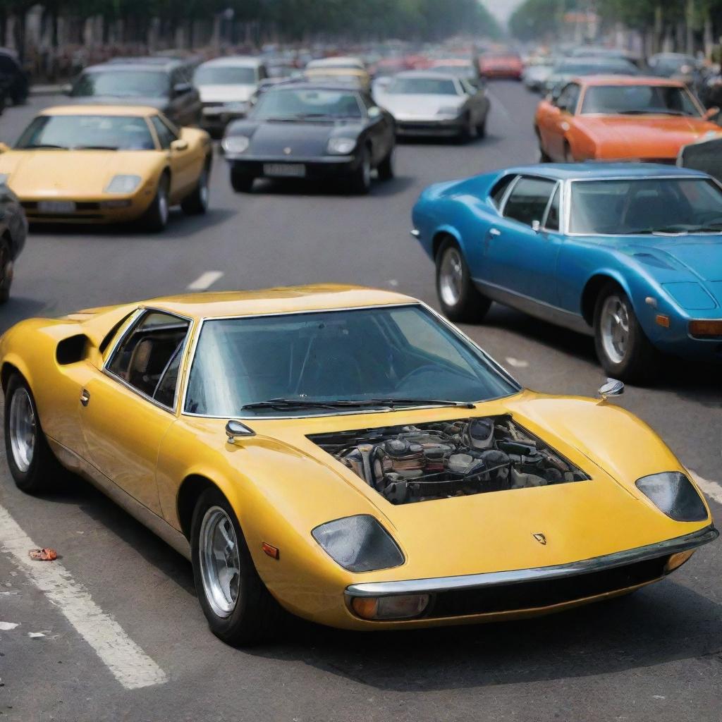 A lifelike, detailed depiction of a real Lamborghini Miura caught amidst a vividly chaotic traffic accident scene