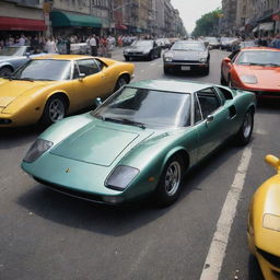 A lifelike, detailed depiction of a real Lamborghini Miura caught amidst a vividly chaotic traffic accident scene