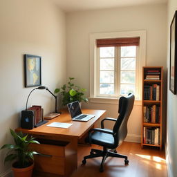 A small, cozy office space with a wooden desk, a comfortable chair, a laptop, a few bookshelves filled with books, and a potted plant by the window