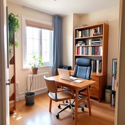 A small, cozy office space with a wooden desk, a comfortable chair, a laptop, a few bookshelves filled with books, and a potted plant by the window