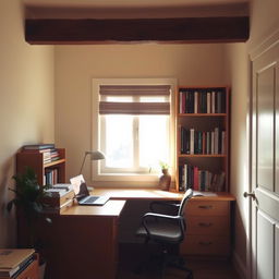 A small, cozy office space with a wooden desk, a comfortable chair, a laptop, a few bookshelves filled with books, and a potted plant by the window