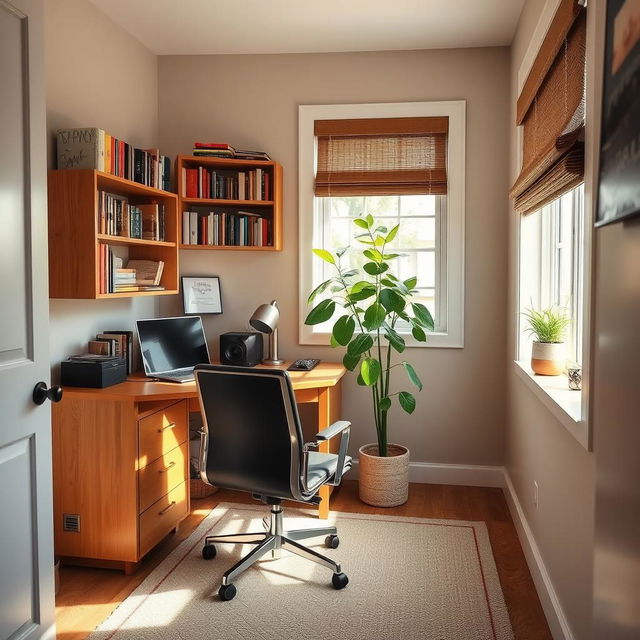 A small, cozy office space with a wooden desk, a comfortable chair, a laptop, a few bookshelves filled with books, and a potted plant by the window