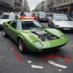 A lifelike, detailed depiction of a real Lamborghini Miura caught amidst a vividly chaotic traffic accident scene