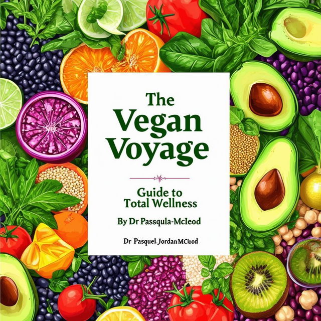 Create a vibrant and inviting printable cookbook cover titled 'The Vegan Voyage: Guide to Total Wellness' by Dr