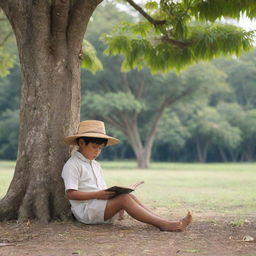 A young Filipino child in traditional 1880s attire engrossed in reading a book under the shade of a narra tree, set against a rural Philippines backdrop.