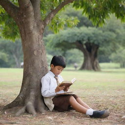 A young Filipino child in traditional 1880s attire engrossed in reading a book under the shade of a narra tree, set against a rural Philippines backdrop.