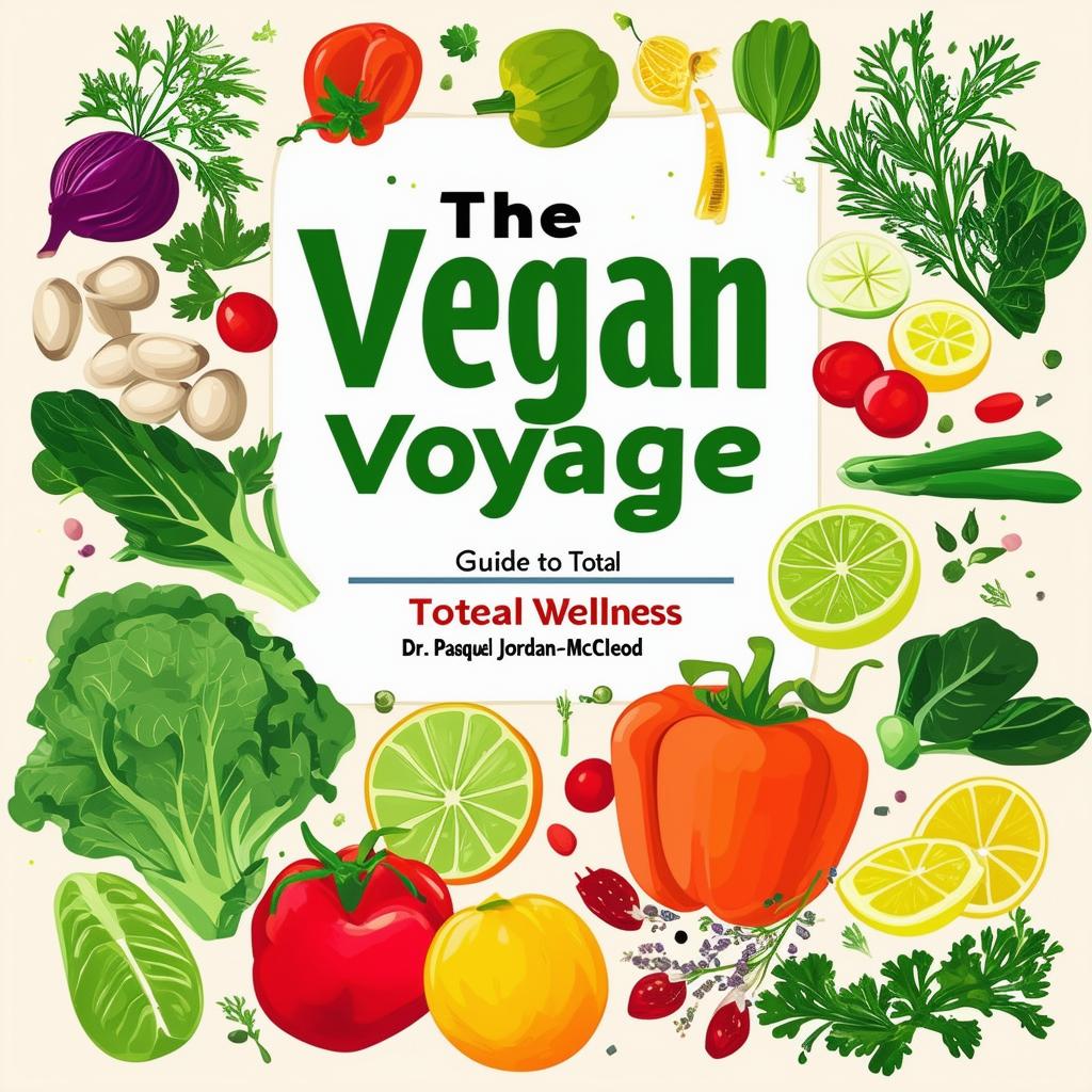 Create a vibrant and inviting printable cookbook cover titled 'The Vegan Voyage: Guide to Total Wellness' by Dr