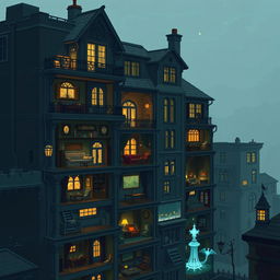 A side view of an apartment building in a dark fantasy setting, rendered in pixel art style