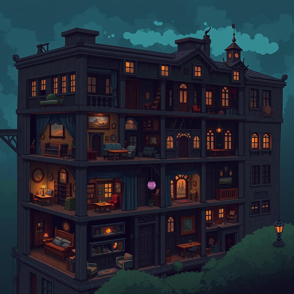 A side view of an apartment building in a dark fantasy setting, rendered in pixel art style