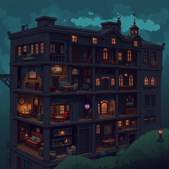 A side view of an apartment building in a dark fantasy setting, rendered in pixel art style