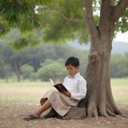 A young Filipino child in traditional 1880s attire engrossed in reading a book under the shade of a narra tree, set against a rural Philippines backdrop.