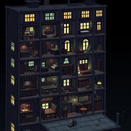 A side view of an apartment building in a dark fantasy setting, rendered in pixel art style