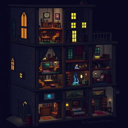 A side view of an apartment building in a dark fantasy setting, rendered in pixel art style