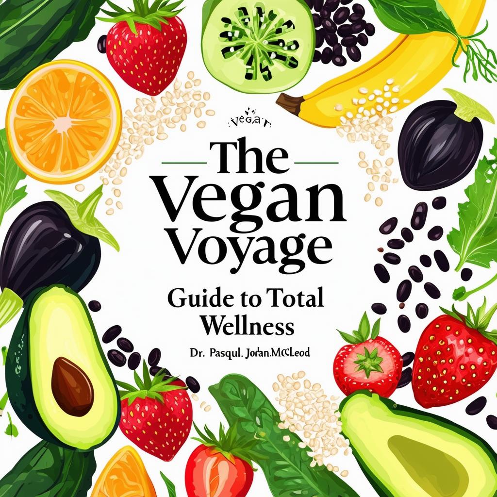 Create a vibrant and inviting printable cookbook cover titled 'The Vegan Voyage: Guide to Total Wellness' by Dr