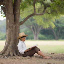 A young Filipino child in traditional 1880s attire engrossed in reading a book under the shade of a narra tree, set against a rural Philippines backdrop.