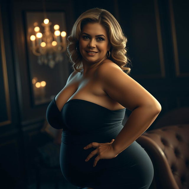 A very sexy and voluptuous mature woman with a pretty face and big hips, wearing a short dress