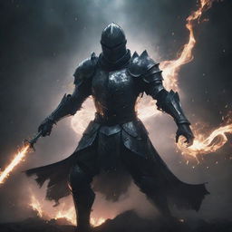 A dark anime-styled knight surrounded by a chaotic, swirling energy aura in a gloomy environment.