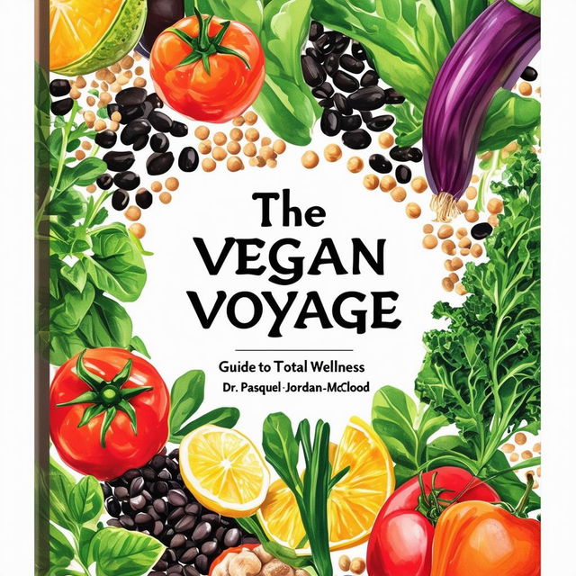 Create a vibrant and inviting printable cookbook cover titled 'The Vegan Voyage: Guide to Total Wellness' by Dr