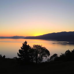 A serene landscape featuring a beautiful sunset over a calm lake, with mountains in the background and a few trees in the foreground