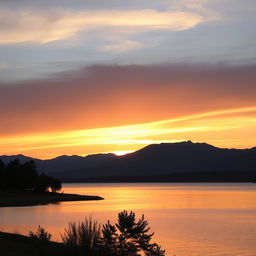 A serene landscape featuring a beautiful sunset over a calm lake, with mountains in the background and a few trees in the foreground