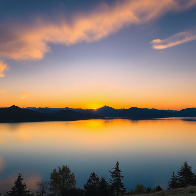 A serene landscape featuring a beautiful sunset over a calm lake, with mountains in the background and a few trees in the foreground