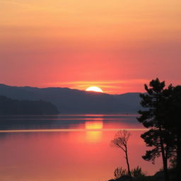 A serene landscape featuring a beautiful sunset over a calm lake, with mountains in the background and a few trees in the foreground