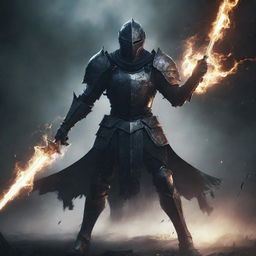 A dark anime-styled knight surrounded by a chaotic, swirling energy aura in a gloomy environment.