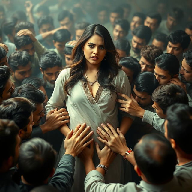 A depiction of actress Kriti Sanon surrounded by a crowd of 20 men pressing her navel